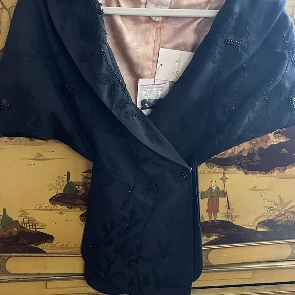 TRACY REESE Black Beaded Embroidered Silk Capelet Wrap Stole Hollywood Glamour M - Picture 5 of 11